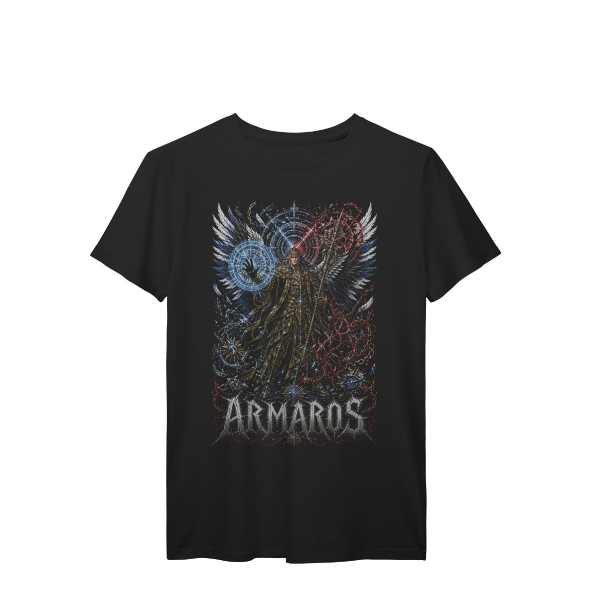 Camiseta Armaros Anjo Vigilante Energia Azul e Vermelha Dark Fantasy Premium