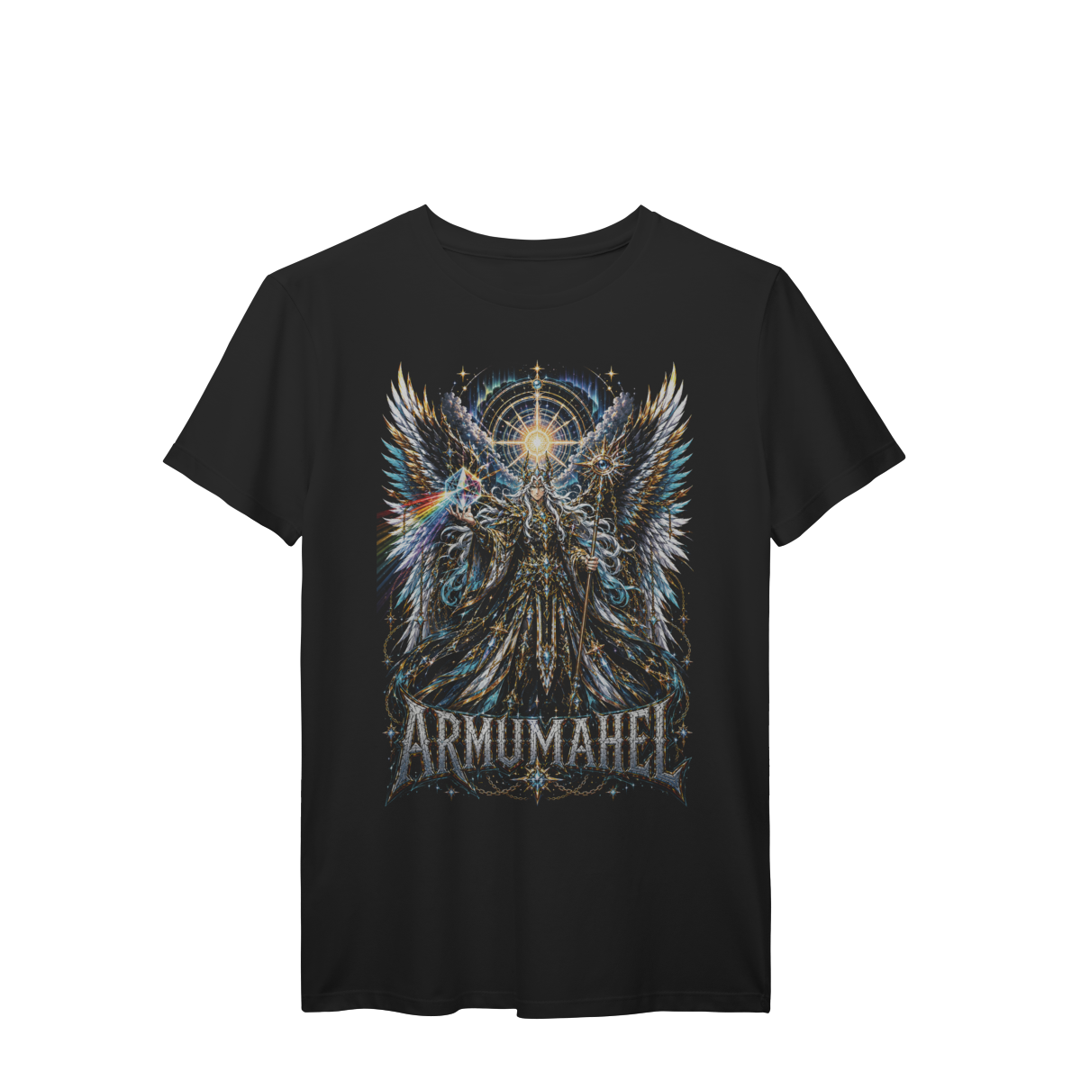 Camiseta Armumahel Guardião Celestial Cristal Prismático Asas Azuis Premium