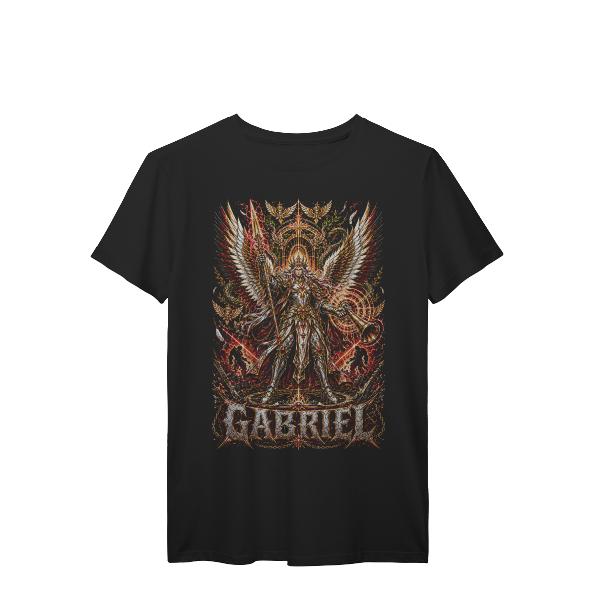 Camiseta Gabriel Mensageiro Celestial Trombeta e Espada Premium