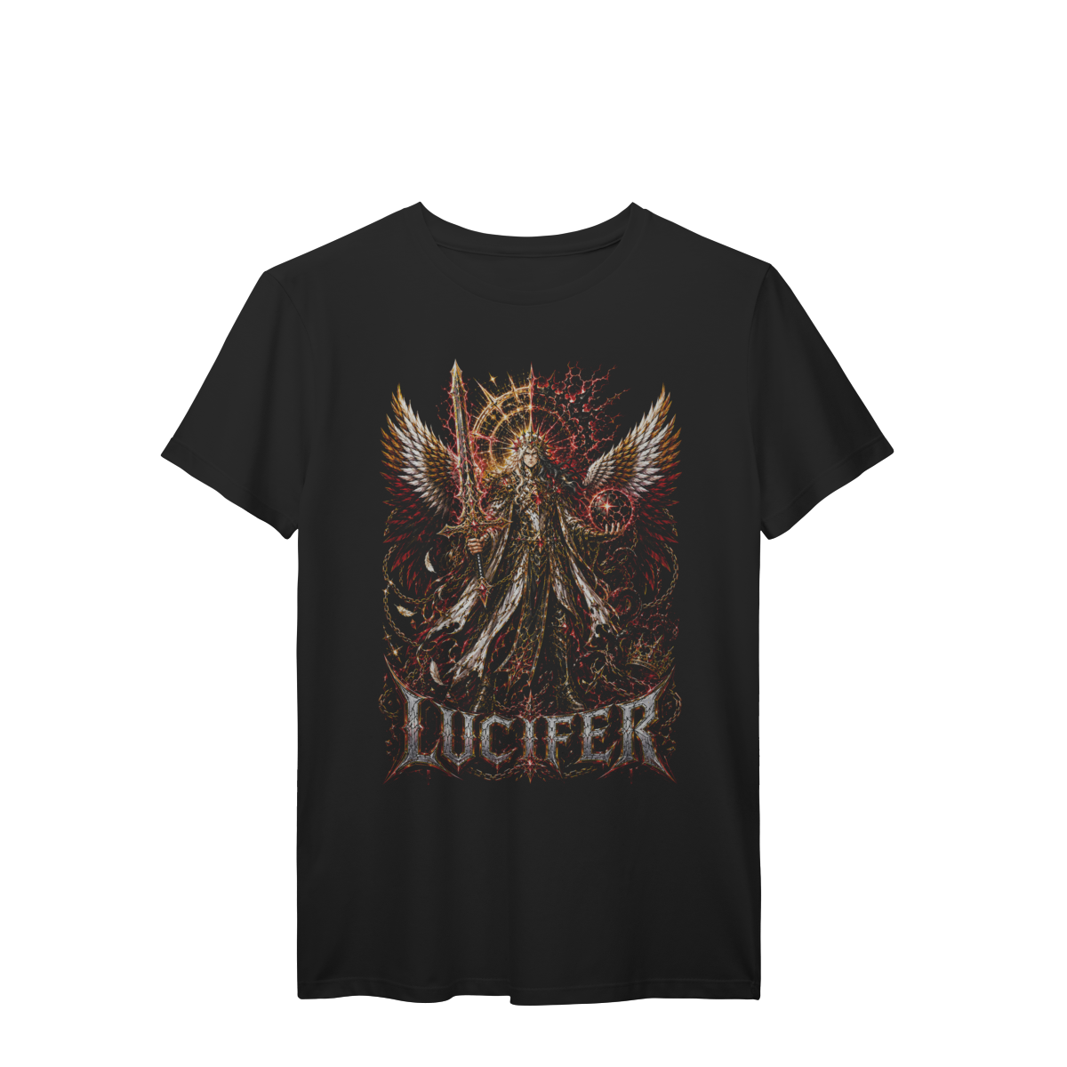 Camiseta Guerreiro Alado Sombrio com Espada e Energia Vermelha Premium