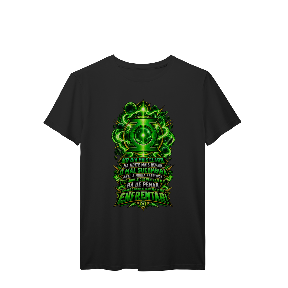 Camiseta Lanterna Verde Emblema e Juramento Clássico Energia Esmeralda Premium
