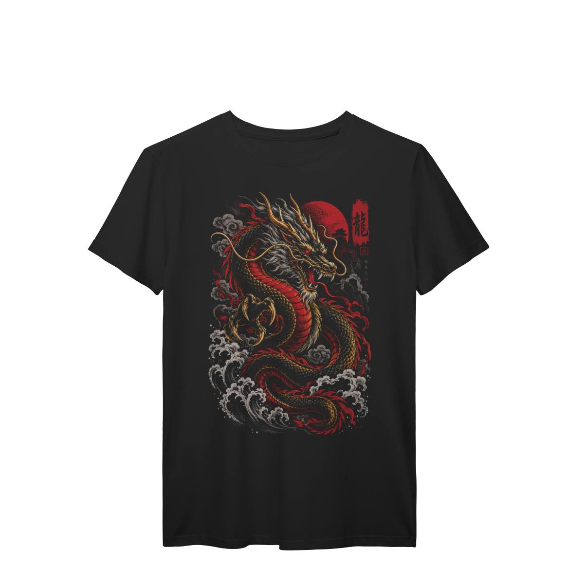 Camiseta Dragão Oriental Preto Vermelho e Dourado Arte Asiática Premium