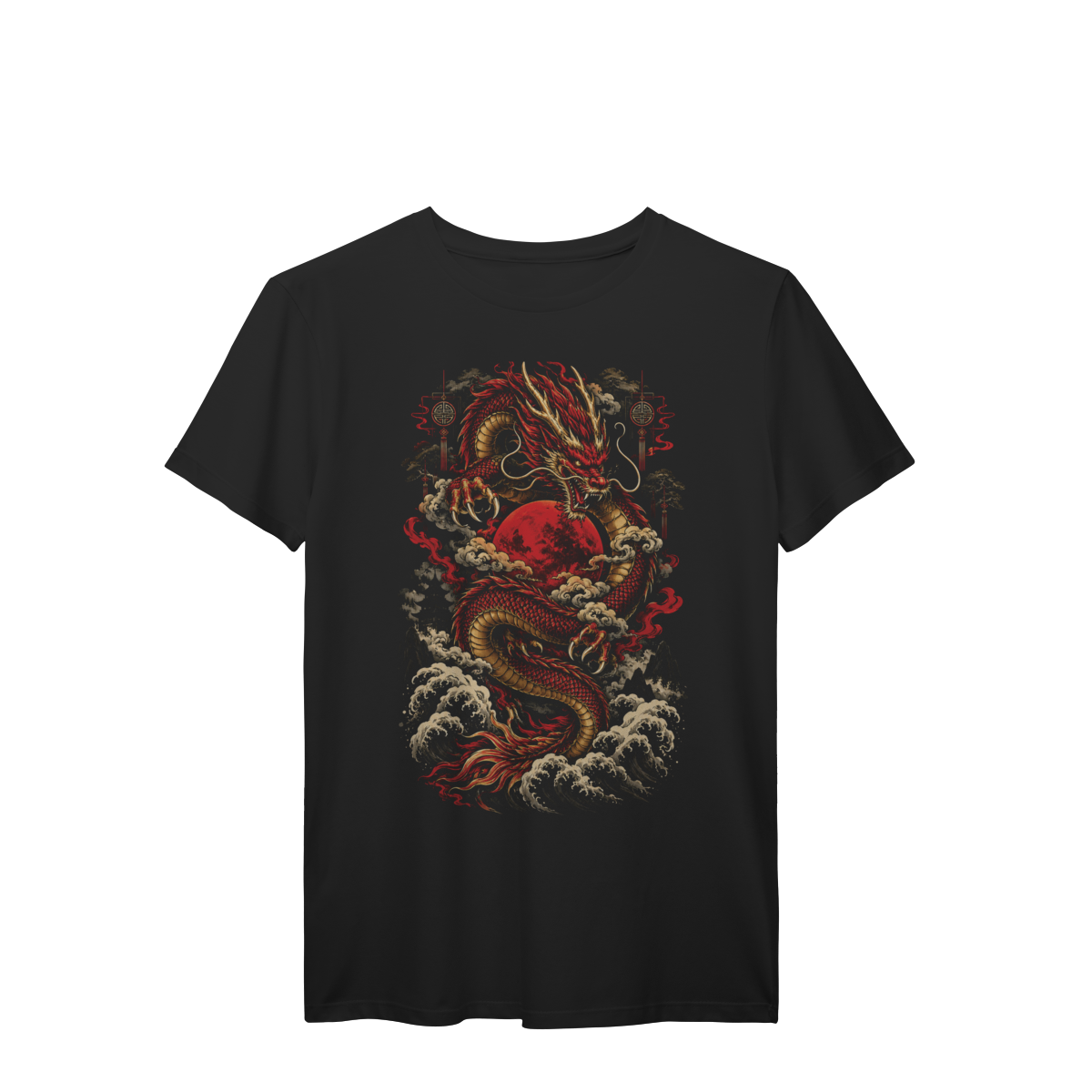 Camiseta Dragão Oriental Vermelho Dourado Ondas Arte Asiática Premium