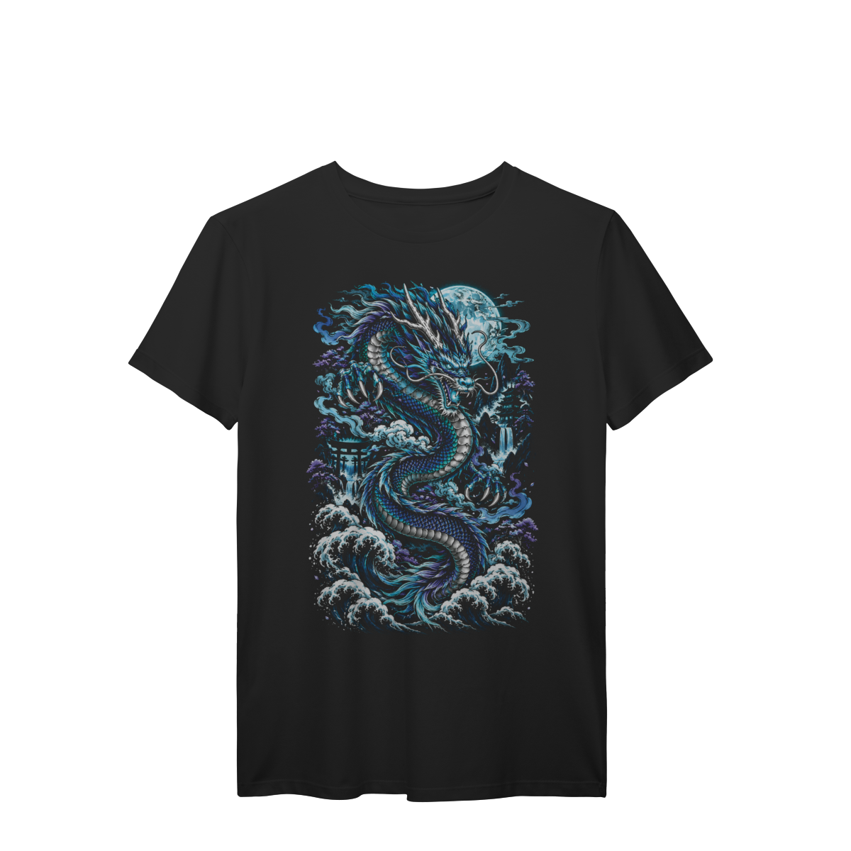 Camiseta Dragão Oriental Azul Lua Cheia Ondas Arte Asiática Premium