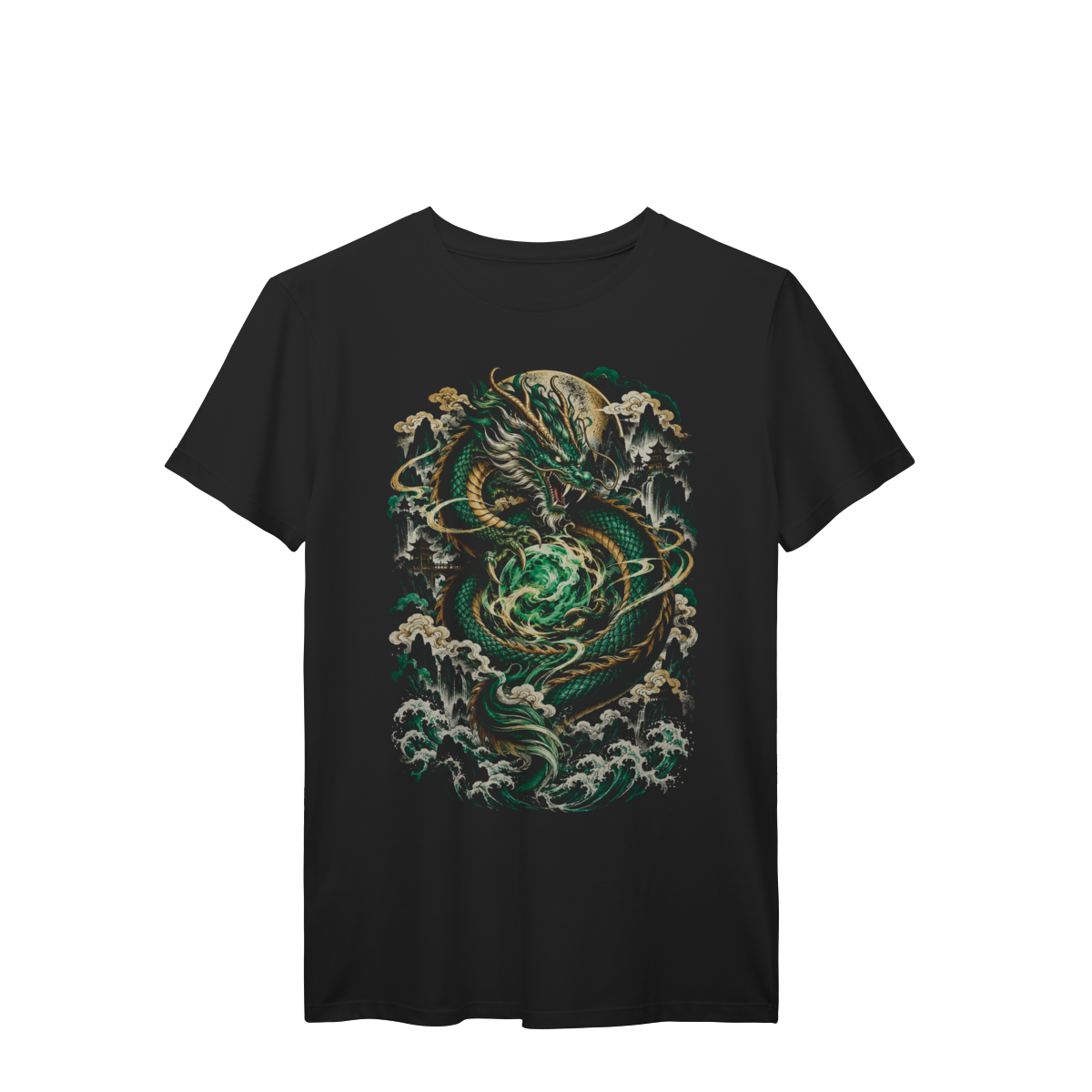 Camiseta Dragão Oriental Verde Jade Esfera de Energia Arte Asiática Premium