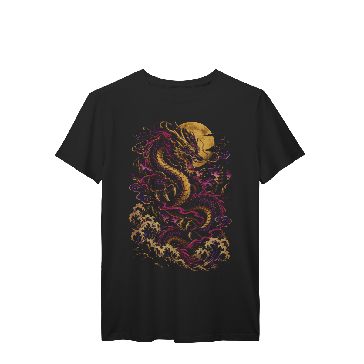 Nome do produto: Camiseta Dragão Oriental Púrpura Lua Dourada Arte Asiática Premium