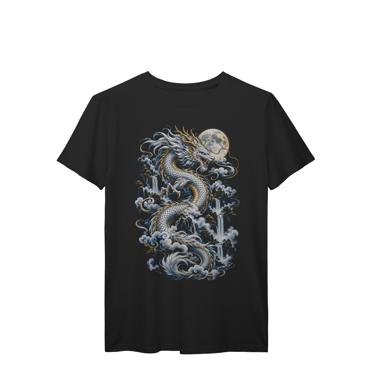 Nome do produto: Camiseta Dragão Oriental Branco Lua Cheia Dourado Arte Asiática Premium
