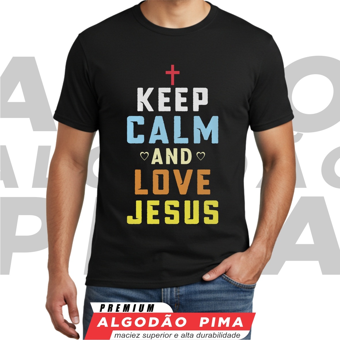 Nome do produto: Camiseta Keep Calm & Love Jesus - Edição Retro Pima