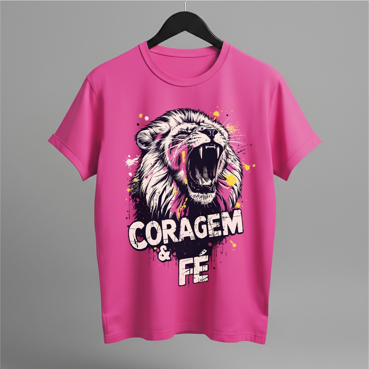 Nome do produto: Camiseta Lion Pink: Coragem & Fé