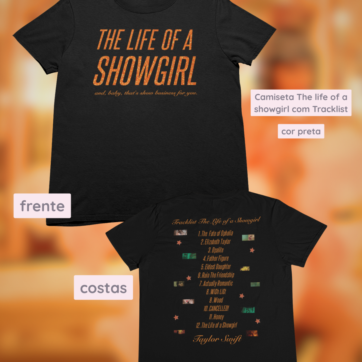 Nome do produto: Camiseta - Showgirl frente e verso Preta - Taylor Swift