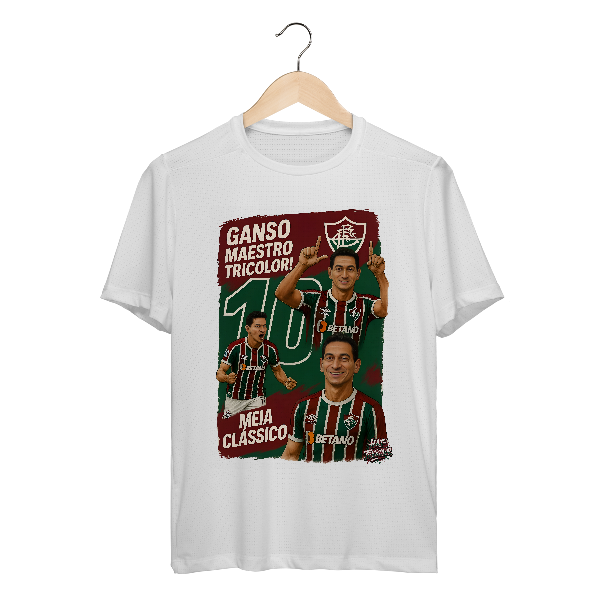 Nome do produto: Camisa Dry Fit Unissex Ganso Hat-Trickolor Fluminense