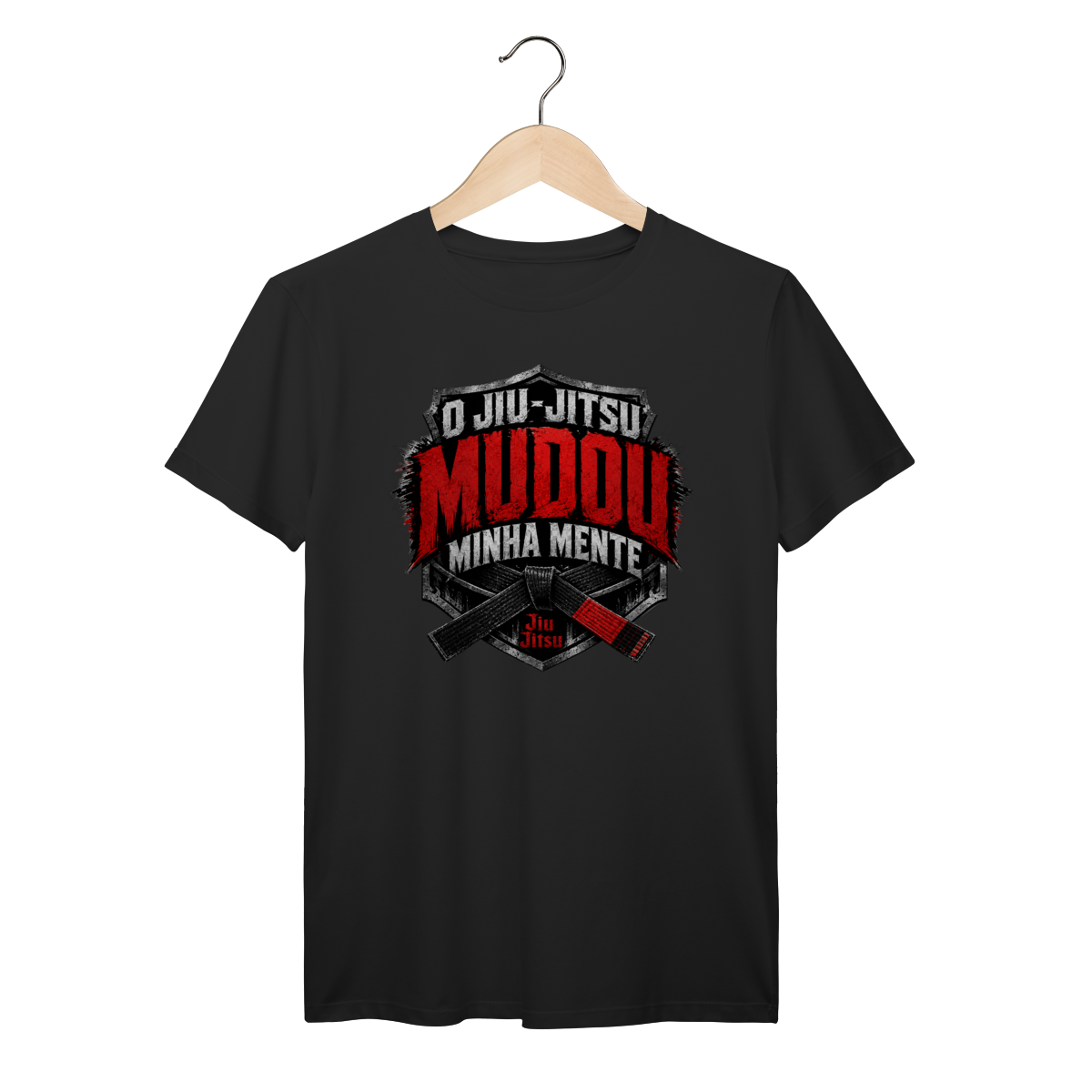 Nome do produto: Camiseta Jiu Jitsu Algodão Mudou Minha Mente Brasão Faixa Preta