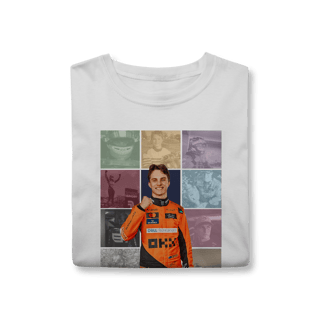 Nome do produtoCamiseta Oscar Piastri The Eras | Talento precoce, frieza lendária
