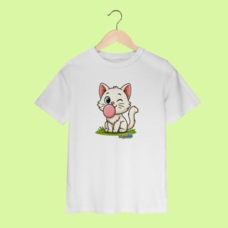 Camiseta Infantil (2 a 8 anos) Gatinho Branco – 100% Algodão | Coleção Reino Animal do Caioba