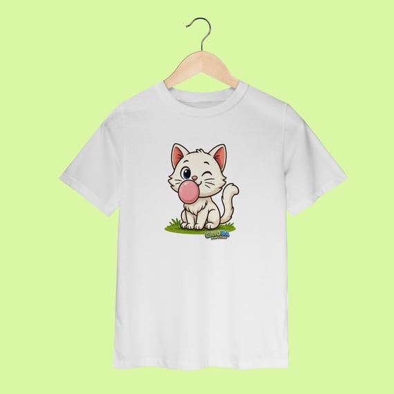 Camiseta Infantil (2 a 8 anos) Gatinho Branco – 100% Algodão | Coleção Reino Animal do Caioba