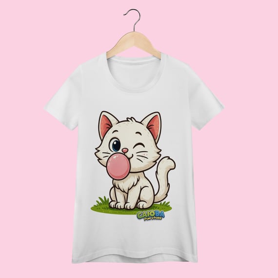 Camiseta Baby Long Feminina Gatinho Branco – 100% Algodão | Coleção Reino Animal do Caioba