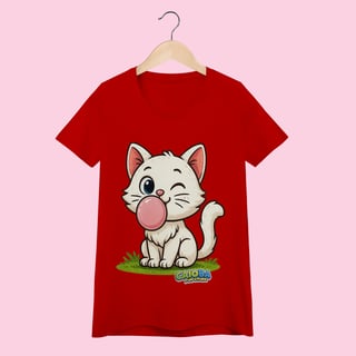 Nome do produto Camiseta Baby Long Feminina Gatinho Branco – 100% Algodão | Coleção Reino Animal do Caioba