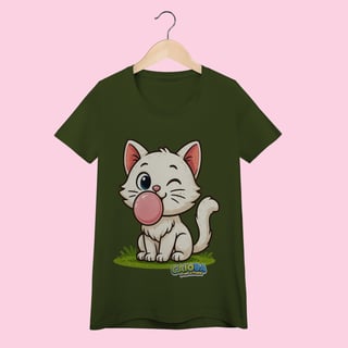 Nome do produto Camiseta Baby Long Feminina Gatinho Branco – 100% Algodão | Coleção Reino Animal do Caioba