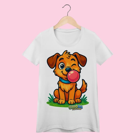 Camiseta Baby Long Adulto Feminina Cachorro – 100% Algodão | Coleção Reino Animal do Caioba