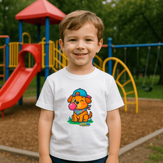 Nome do produto Camiseta Infantil (2 a 8 anos) Cachorro com Bandana – 100% Algodão | Coleção Reino Animal do Caioba