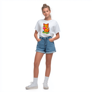 Nome do produto Camiseta Juvenil (10 a 14 anos) Gato Amarelo – 100% Algodão | Coleção Reino Animal do Caioba