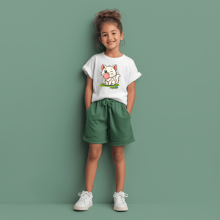 Nome do produto Camiseta Infantil (2 a 8 anos) Gatinho Branco – 100% Algodão | Coleção Reino Animal do Caioba
