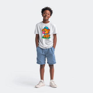 Nome do produto Camiseta Juvenil (10 a 14 anos) Cachorro com Bandana – 100% Algodão | Coleção Reino Animal do Caioba