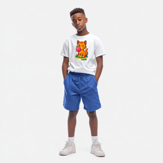 Nome do produto Camiseta Juvenil (10 a 14 anos) Gato Amarelo – 100% Algodão | Coleção Reino Animal do Caioba