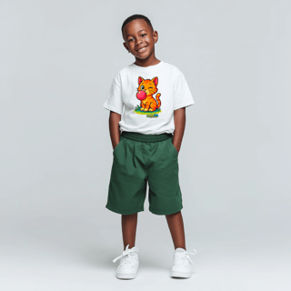 Nome do produto Camiseta Infantil (2 a 8 anos) Gato Amarelo – 100% Algodão | Coleção Reino Animal do Caioba