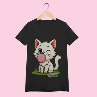 Nome do produto Camiseta Baby Long Feminina Gatinho Branco – 100% Algodão | Coleção Reino Animal do Caioba