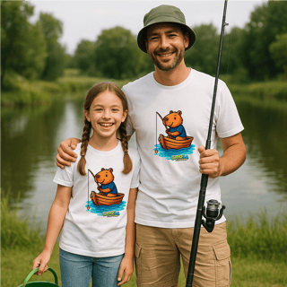 Nome do produto Camiseta Infantil Capivara Pescando – 100% Algodão | Estampa Colorida e Divertida