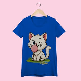 Nome do produto Camiseta Baby Long Feminina Gatinho Branco – 100% Algodão | Coleção Reino Animal do Caioba