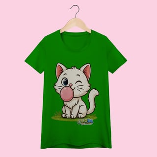Nome do produto Camiseta Baby Long Feminina Gatinho Branco – 100% Algodão | Coleção Reino Animal do Caioba