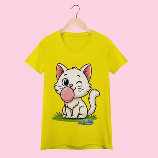 Nome do produto Camiseta Baby Long Feminina Gatinho Branco – 100% Algodão | Coleção Reino Animal do Caioba