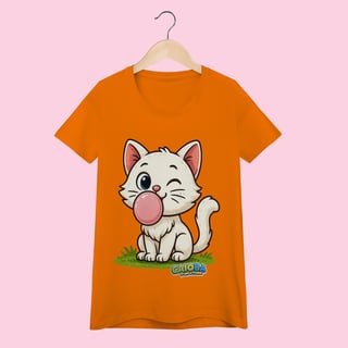 Nome do produto Camiseta Baby Long Feminina Gatinho Branco – 100% Algodão | Coleção Reino Animal do Caioba