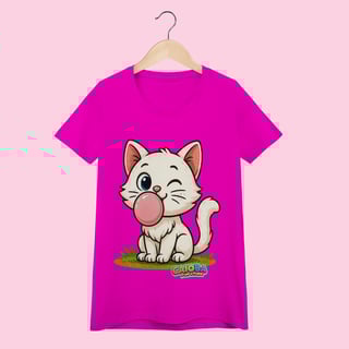 Nome do produto Camiseta Baby Long Feminina Gatinho Branco – 100% Algodão | Coleção Reino Animal do Caioba