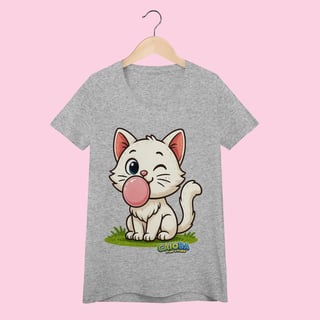 Nome do produto Camiseta Baby Long Feminina Gatinho Branco – 100% Algodão | Coleção Reino Animal do Caioba