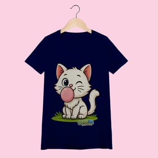Nome do produto Camiseta Baby Long Feminina Gatinho Branco – 100% Algodão | Coleção Reino Animal do Caioba
