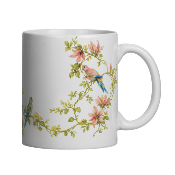Caneca floral com pássaros