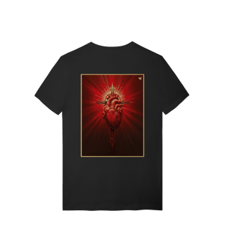 Nome do produto Sagrado Coração e Cruz - T-Shirt Quality (costas)