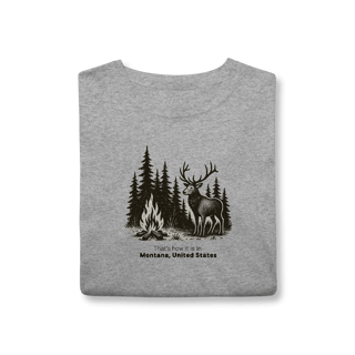 Nome do produto Camiseta Aventura Masculina – Fogueira e Alce na Floresta