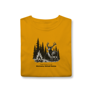 Nome do produto Camiseta Aventura Masculina – Fogueira e Alce na Floresta