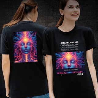 Nome do produto Camiseta Preta com estampas nas costas- Ouça sua Alma