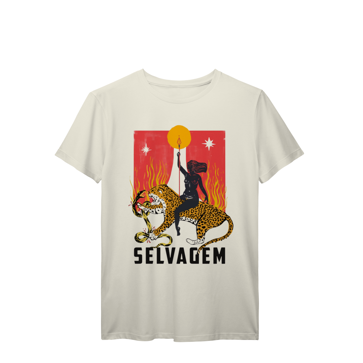 Camiseta Branca Selvagem - Estampa Mulher e Onça-Pintada