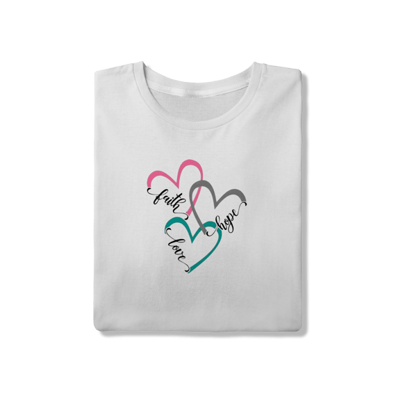 Camiseta Coração Tríplice: Fé, Esperança e Amor