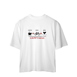 Camiseta Oversized - Coffee + Bike + Dog = Happyness