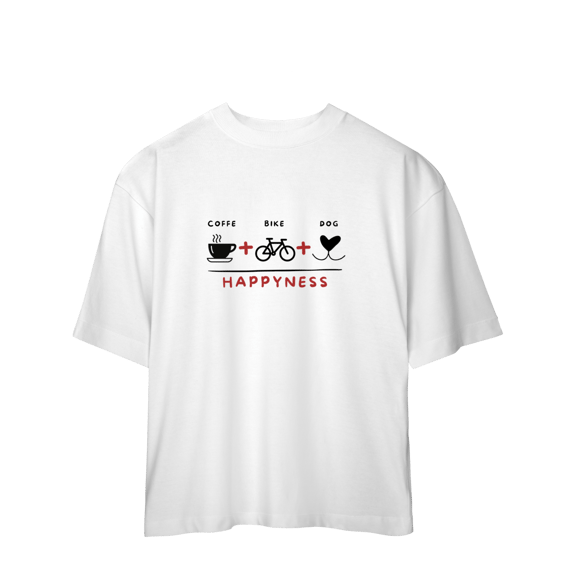 Camiseta Oversized - Coffee + Bike + Dog = Happyness