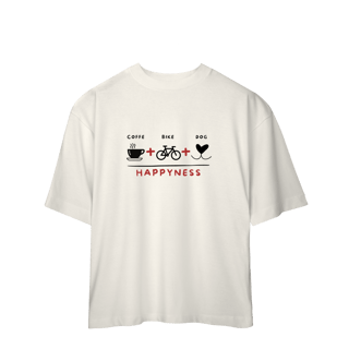 Nome do produto Camiseta Oversized - Coffee + Bike + Dog = Happyness