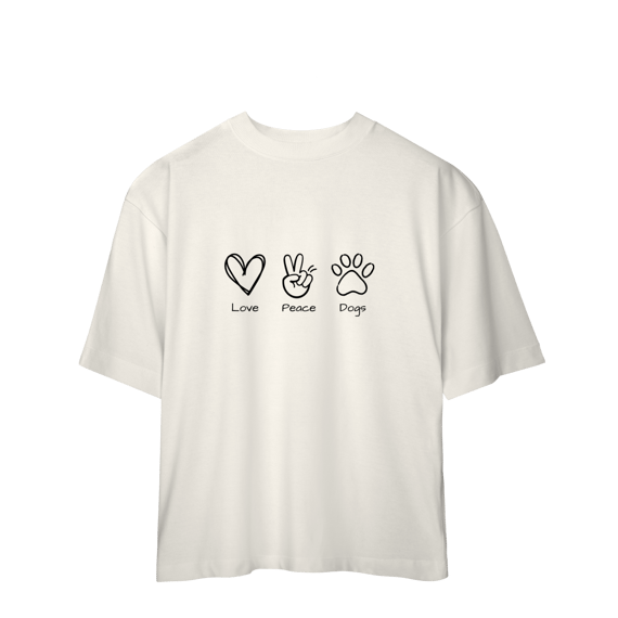 Camiseta Oversized - Love, Peace, Dogs