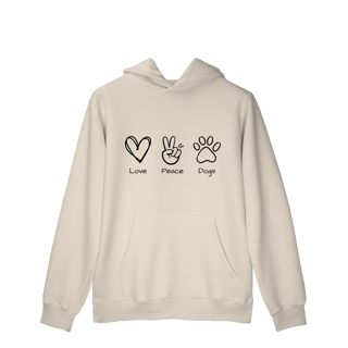 Nome do produto Moletom Prime Canguru - Love, Peace, Dogs